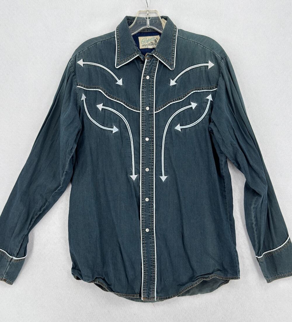 Vintage Roper Mens Blue Chambray Long Sleeve Snap Front Western Shirt Sz M